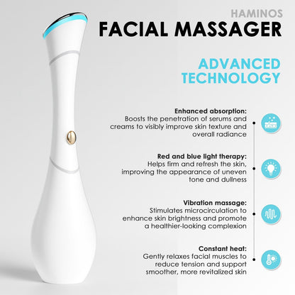 HAMINOS 4-in-1 Facial Massager Wand - Heat, Vibration, Red/Blue Light & Ionic Skincare Absorption for Reducing Puffiness and Reviving Tired-Looking Skin Avelisse