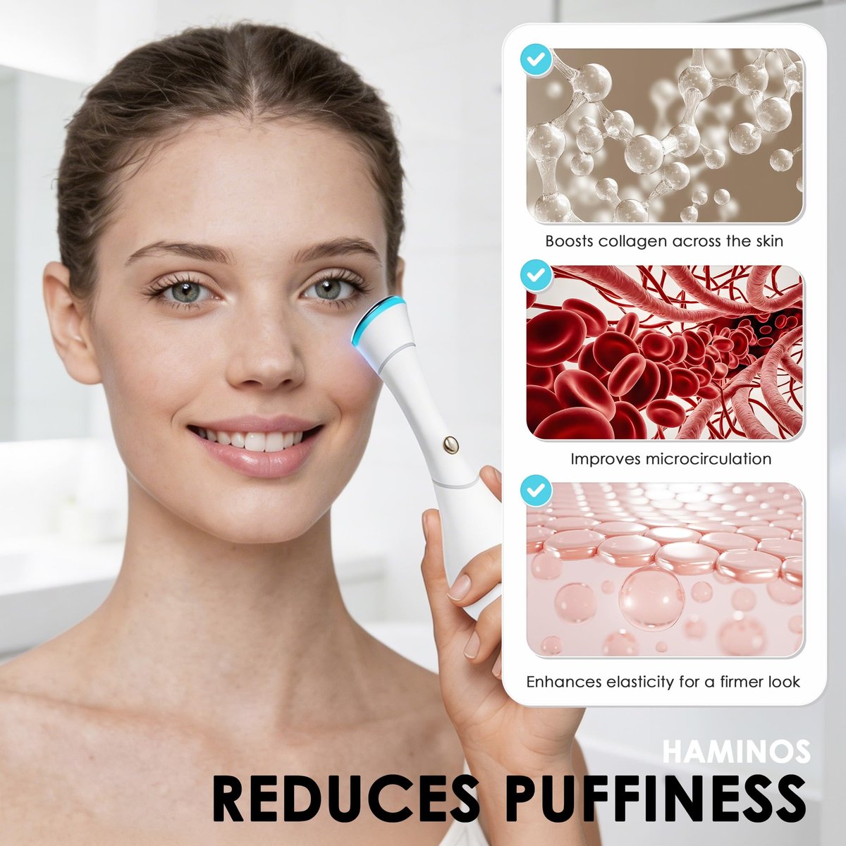HAMINOS 4-in-1 Facial Massager Wand - Heat, Vibration, Red/Blue Light & Ionic Skincare Absorption for Reducing Puffiness and Reviving Tired-Looking Skin Avelisse