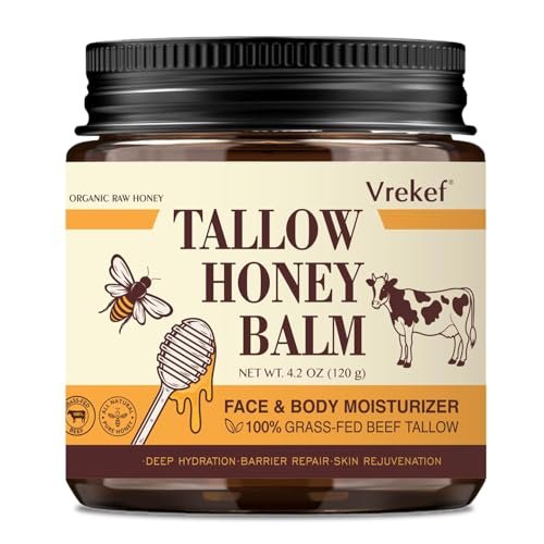 VREKEF Beef Tallow for Skin (4.2 oz) – Tallow and Honey Balm for Face & Body – Grass-Fed Tallow with Beeswax, Sea Buckthorn Oil, Shea Butter, Vitamin E – Natural Moisturizer Avelisse