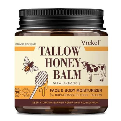 VREKEF Beef Tallow for Skin (4.2 oz) – Tallow and Honey Balm for Face & Body – Grass-Fed Tallow with Beeswax, Sea Buckthorn Oil, Shea Butter, Vitamin E – Natural Moisturizer Avelisse