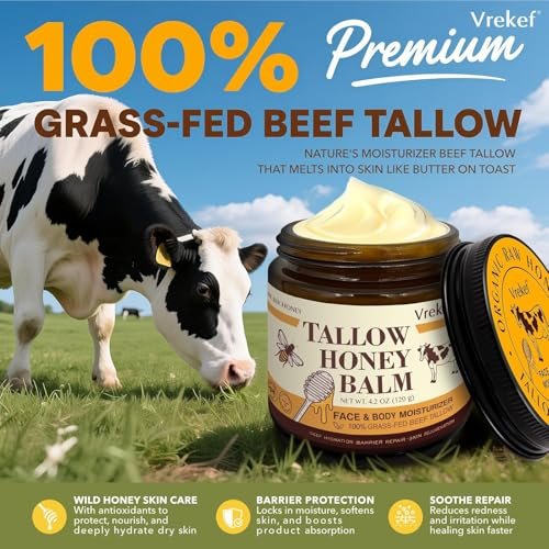 VREKEF Beef Tallow for Skin (4.2 oz) – Tallow and Honey Balm for Face & Body – Grass-Fed Tallow with Beeswax, Sea Buckthorn Oil, Shea Butter, Vitamin E – Natural Moisturizer Avelisse