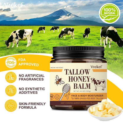 VREKEF Beef Tallow for Skin (4.2 oz) – Tallow and Honey Balm for Face & Body – Grass-Fed Tallow with Beeswax, Sea Buckthorn Oil, Shea Butter, Vitamin E – Natural Moisturizer Avelisse