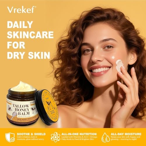 VREKEF Beef Tallow for Skin (4.2 oz) – Tallow and Honey Balm for Face & Body – Grass-Fed Tallow with Beeswax, Sea Buckthorn Oil, Shea Butter, Vitamin E – Natural Moisturizer Avelisse