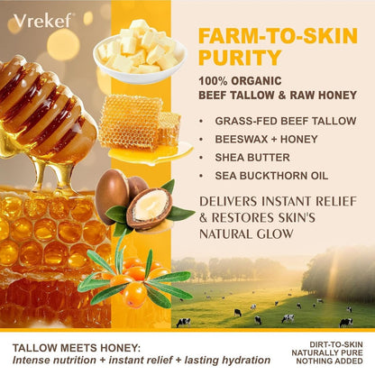 VREKEF Beef Tallow for Skin (4.2 oz) – Tallow and Honey Balm for Face & Body – Grass-Fed Tallow with Beeswax, Sea Buckthorn Oil, Shea Butter, Vitamin E – Natural Moisturizer Avelisse