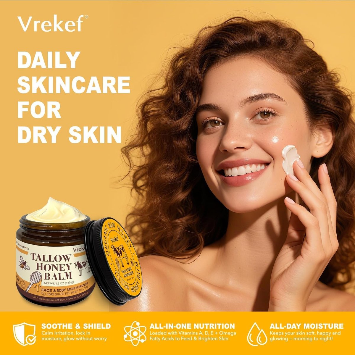 VREKEF Beef Tallow for Skin (4.2 oz) – Tallow and Honey Balm for Face & Body – Grass-Fed Tallow with Beeswax, Sea Buckthorn Oil, Shea Butter, Vitamin E – Natural Moisturizer Avelisse