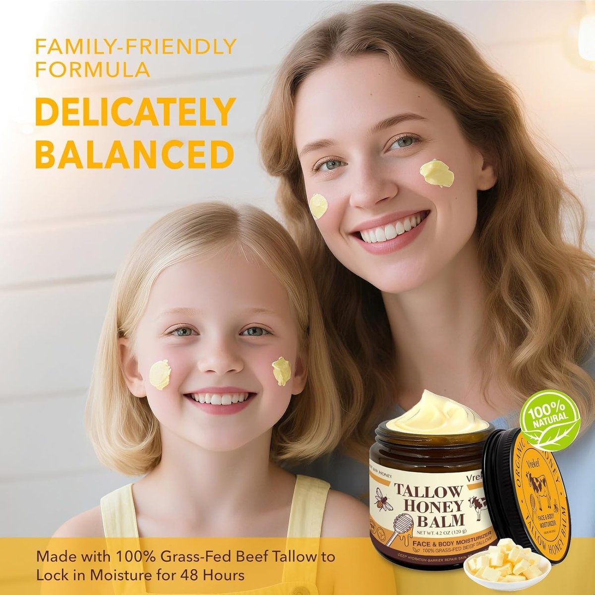 VREKEF Beef Tallow for Skin (4.2 oz) – Tallow and Honey Balm for Face & Body – Grass-Fed Tallow with Beeswax, Sea Buckthorn Oil, Shea Butter, Vitamin E – Natural Moisturizer Avelisse