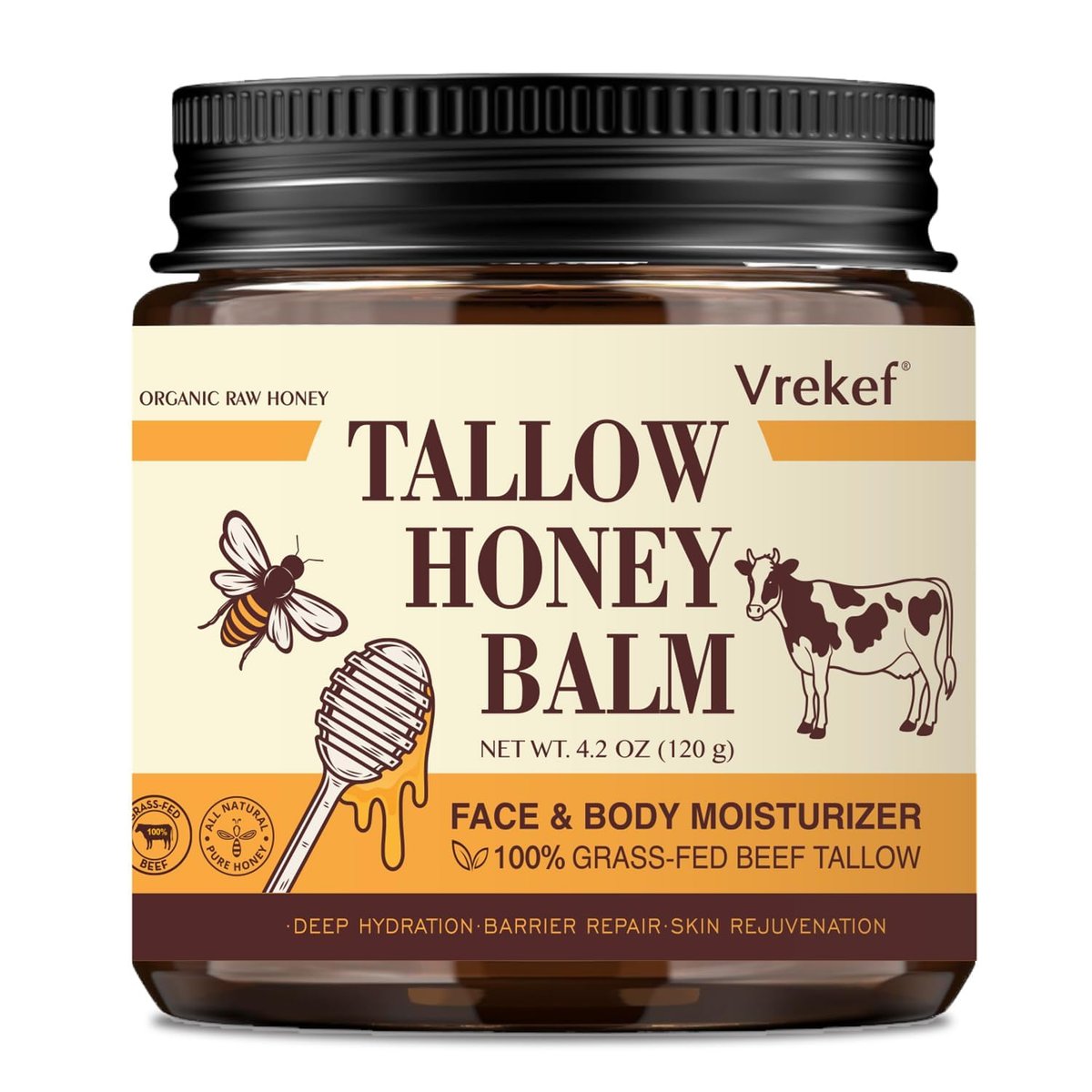 VREKEF Beef Tallow for Skin (4.2 oz) – Tallow and Honey Balm for Face & Body – Grass-Fed Tallow with Beeswax, Sea Buckthorn Oil, Shea Butter, Vitamin E – Natural Moisturizer Avelisse