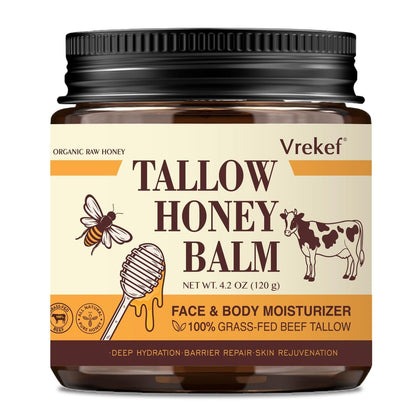 VREKEF Beef Tallow for Skin (4.2 oz) – Tallow and Honey Balm for Face & Body – Grass-Fed Tallow with Beeswax, Sea Buckthorn Oil, Shea Butter, Vitamin E – Natural Moisturizer Avelisse