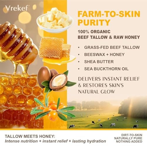 VREKEF Beef Tallow for Skin (4.2 oz) – Tallow and Honey Balm for Face & Body – Grass-Fed Tallow with Beeswax, Sea Buckthorn Oil, Shea Butter, Vitamin E – Natural Moisturizer Avelisse