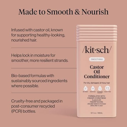 Kitsch Smoothing Castor Oil Liquid Conditioner – Nourishing Hair Conditioner for Dry, Damaged & Frizzy Hair – Clean, Color-Safe, Bio-Based Formula, Made in USA – 12.3 oz