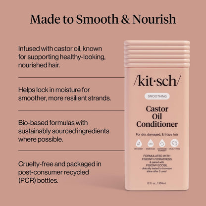 Kitsch Smoothing Castor Oil Liquid Conditioner – Nourishing Hair Conditioner for Dry, Damaged & Frizzy Hair – Clean, Color-Safe, Bio-Based Formula, Made in USA – 12.3 oz