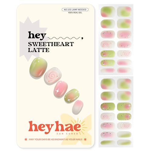 Heyhae Semi Cured Gel Nail Strips - Hey, Sweetheart Latte - No LED Lamp Needed, Easy Apply & Remove, Salon Quality - 28 Strips + Prep Pads + Nail File + Wooden Stick Avelisse