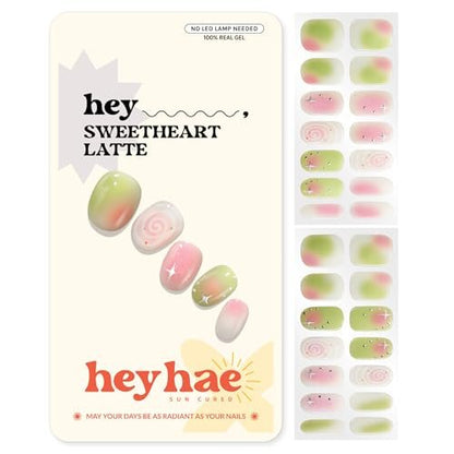 Heyhae Semi Cured Gel Nail Strips - Hey, Sweetheart Latte - No LED Lamp Needed, Easy Apply & Remove, Salon Quality - 28 Strips + Prep Pads + Nail File + Wooden Stick Avelisse