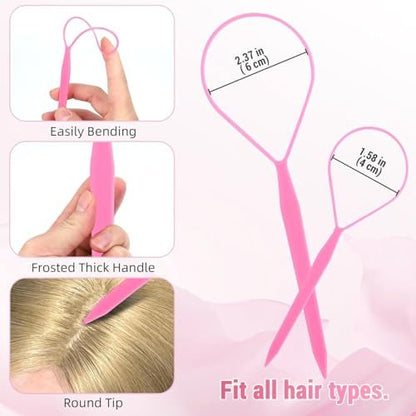 9pcs Topsy Hair Tail Tools & Rat Tail Combs Set - 6 Ponytail Pull Through Tools & 3 Long Steel Pin Combs for Women & Girls - Pink, Purple, Blue