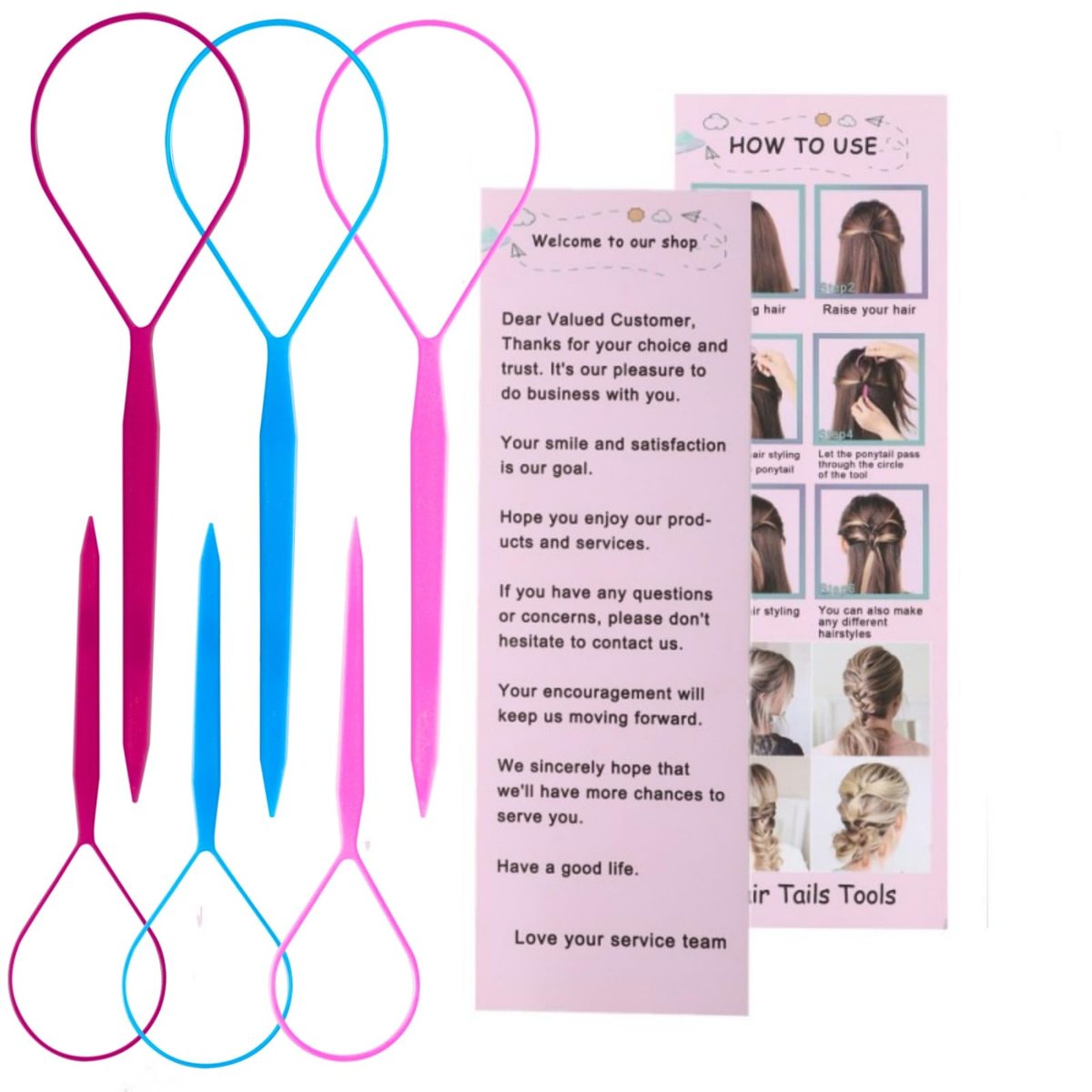 9pcs Topsy Hair Tail Tools & Rat Tail Combs Set - 6 Ponytail Pull Through Tools & 3 Long Steel Pin Combs for Women & Girls - Pink, Purple, Blue - görsel 3