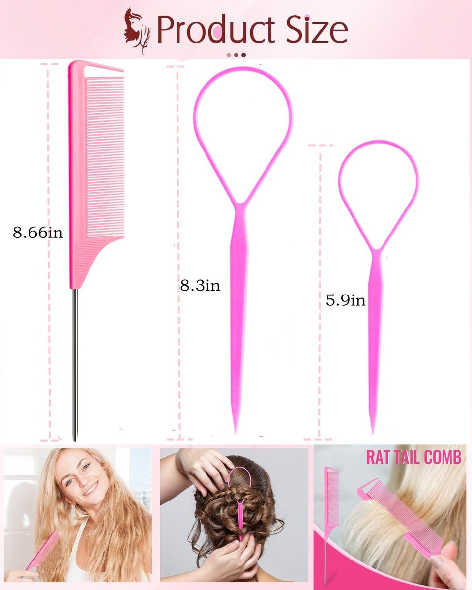 9pcs Topsy Hair Tail Tools & Rat Tail Combs Set - 6 Ponytail Pull Through Tools & 3 Long Steel Pin Combs for Women & Girls - Pink, Purple, Blue - görsel 7