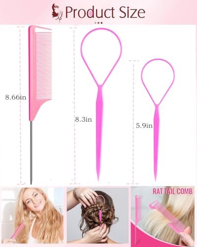 9pcs Topsy Hair Tail Tools & Rat Tail Combs Set - 6 Ponytail Pull Through Tools & 3 Long Steel Pin Combs for Women & Girls - Pink, Purple, Blue - görsel 8