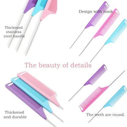 9pcs Topsy Hair Tail Tools & Rat Tail Combs Set - 6 Ponytail Pull Through Tools & 3 Long Steel Pin Combs for Women & Girls - Pink, Purple, Blue