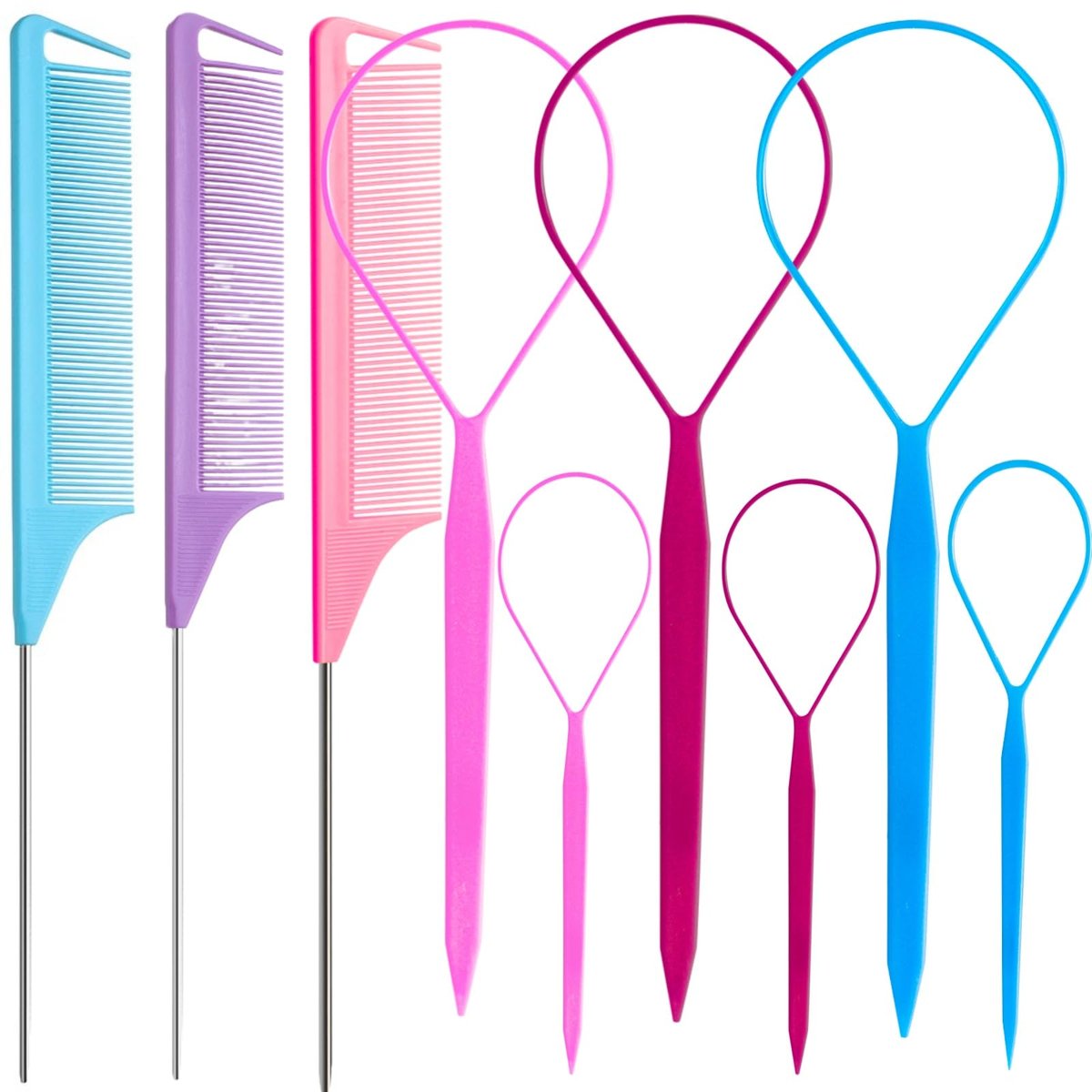 9pcs Topsy Hair Tail Tools & Rat Tail Combs Set - 6 Ponytail Pull Through Tools & 3 Long Steel Pin Combs for Women & Girls - Pink, Purple, Blue - görsel 1