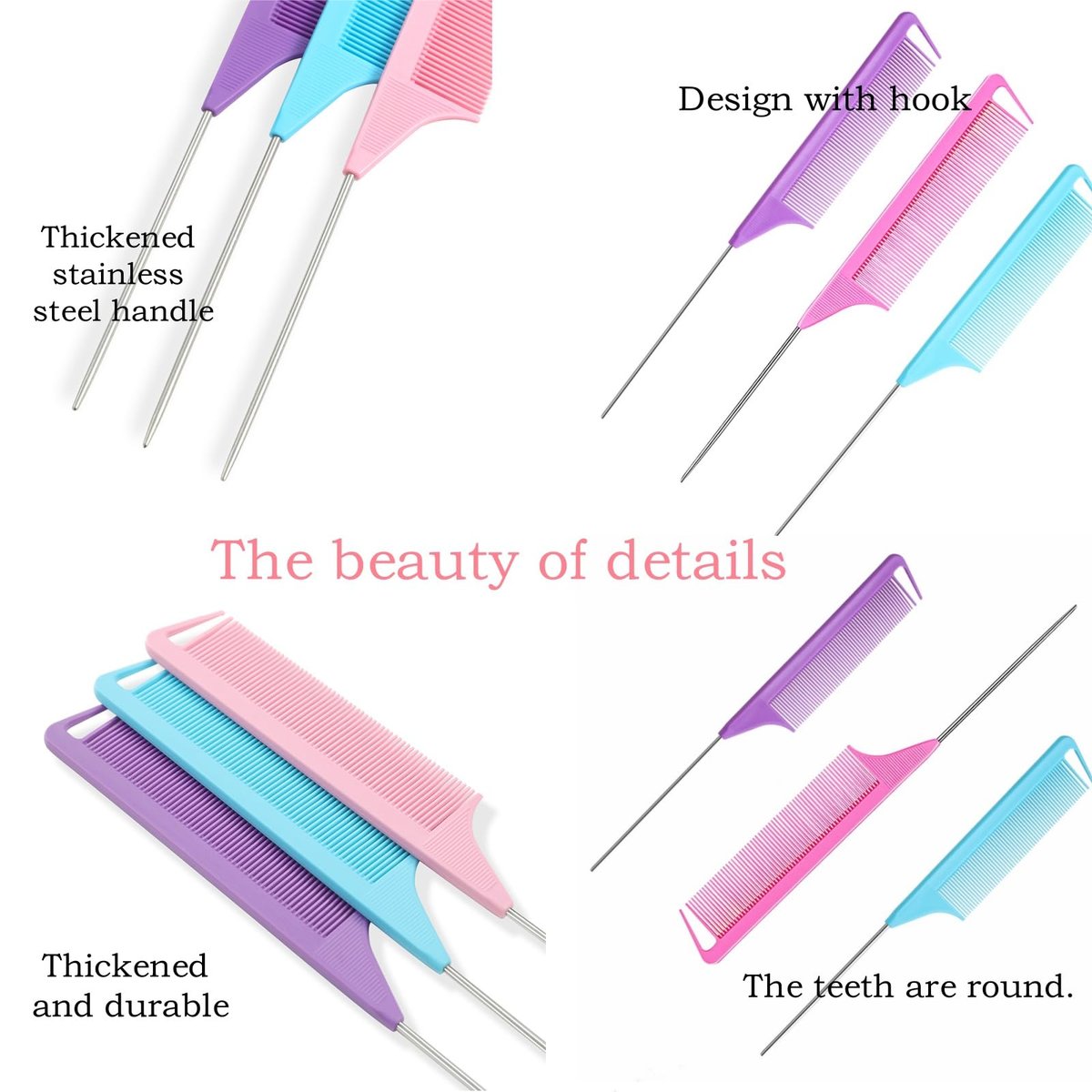 9pcs Topsy Hair Tail Tools & Rat Tail Combs Set - 6 Ponytail Pull Through Tools & 3 Long Steel Pin Combs for Women & Girls - Pink, Purple, Blue - görsel 5