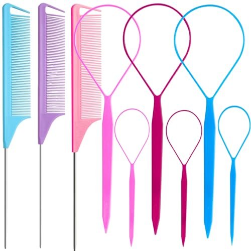 9pcs Topsy Hair Tail Tools & Rat Tail Combs Set - 6 Ponytail Pull Through Tools & 3 Long Steel Pin Combs for Women & Girls - Pink, Purple, Blue - görsel 2