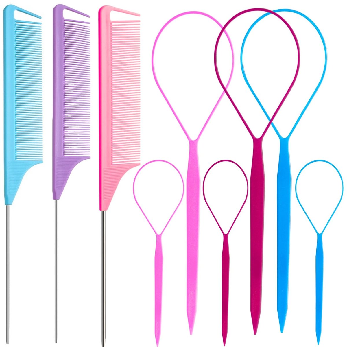 9pcs Topsy Hair Tail Tools & Rat Tail Combs Set - 6 Ponytail Pull Through Tools & 3 Long Steel Pin Combs for Women & Girls - Pink, Purple, Blue - görsel 13