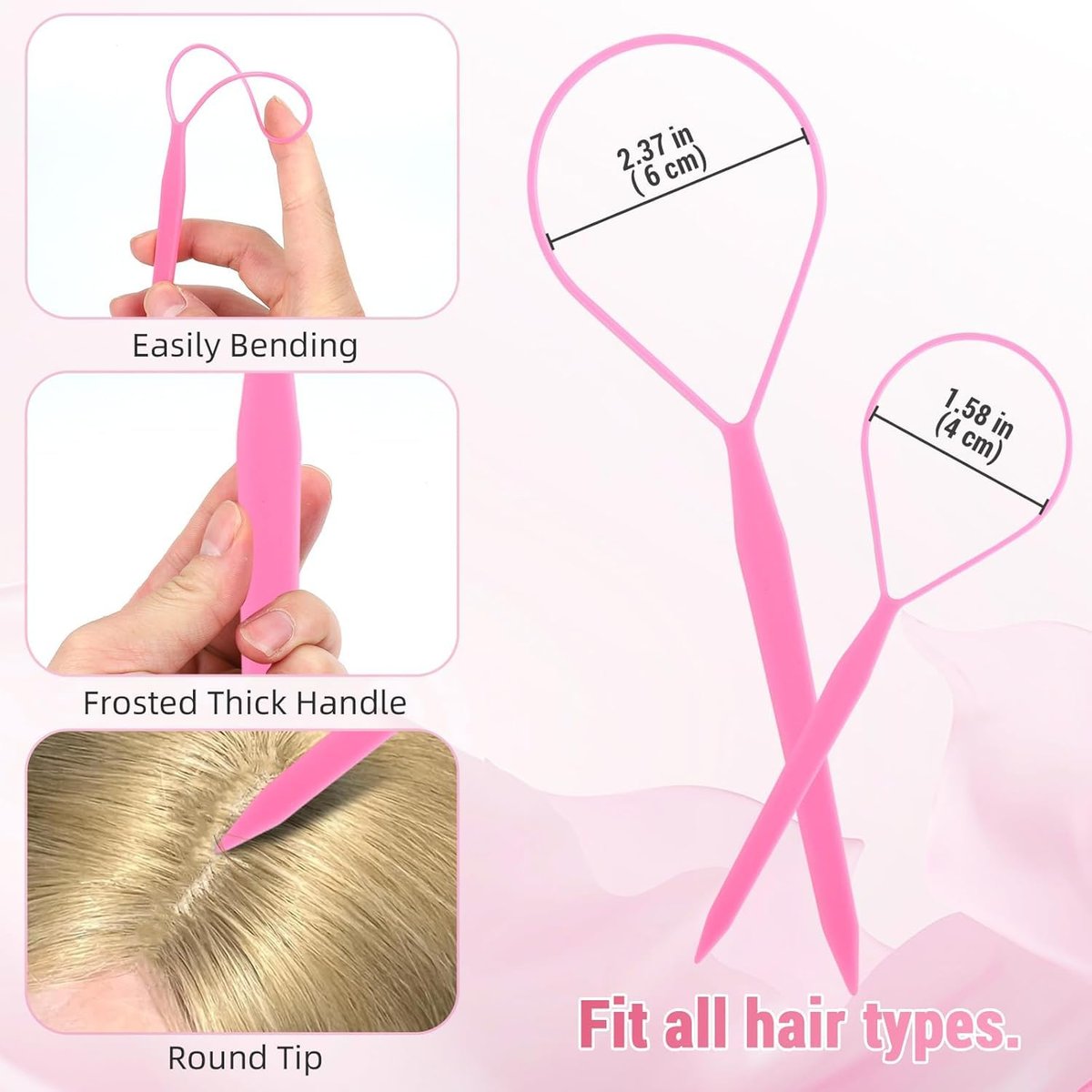 9pcs Topsy Hair Tail Tools & Rat Tail Combs Set - 6 Ponytail Pull Through Tools & 3 Long Steel Pin Combs for Women & Girls - Pink, Purple, Blue - görsel 9