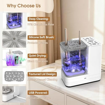 5-in-1 Electric Makeup Brush Cleaner & Dryer – Portable Automatic USB Brush Cleaner with Deep-Clean Silicone Brush for All Sizes (Contour, Eyeshadow, Blush) – Pearl Avelisse