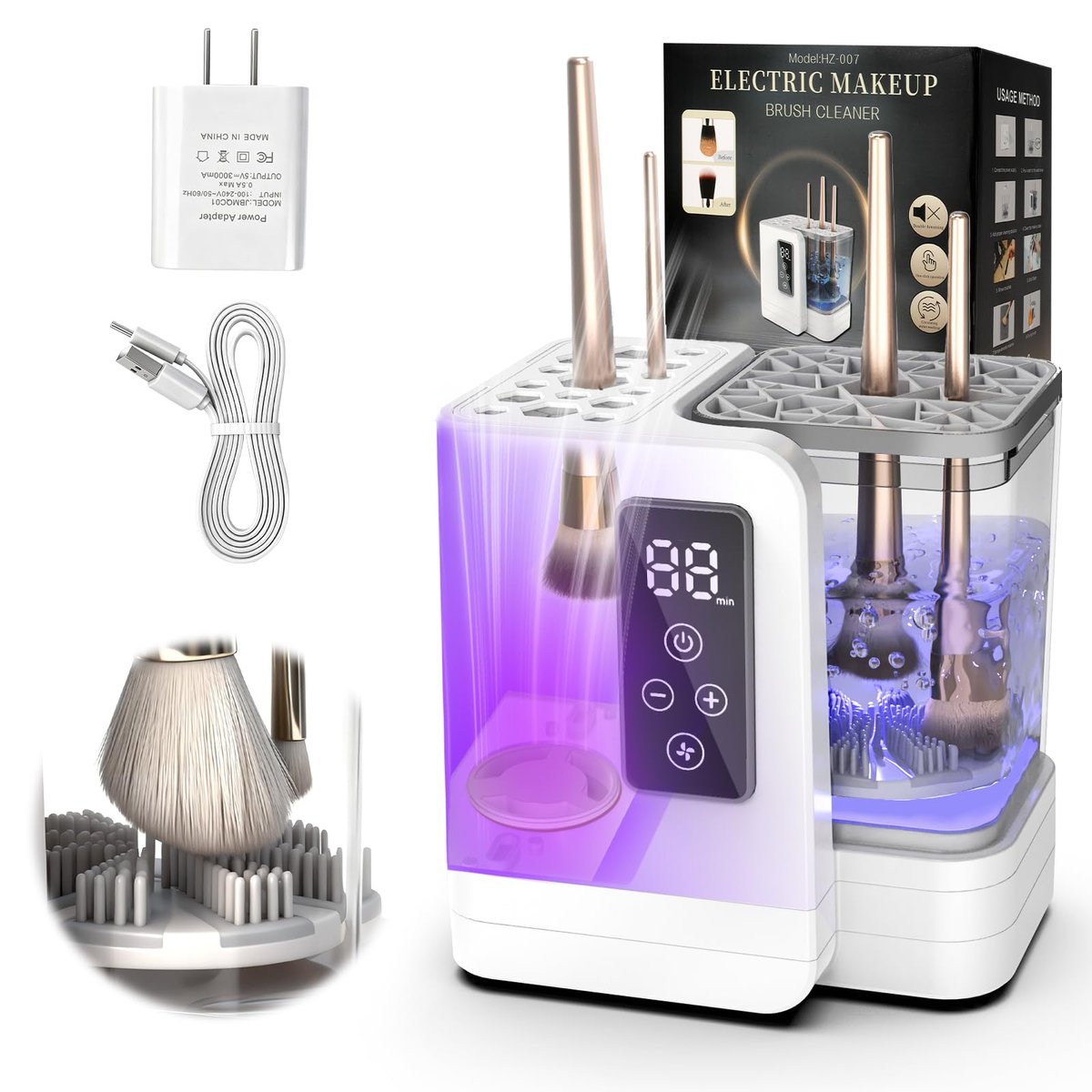 5-in-1 Electric Makeup Brush Cleaner & Dryer – Portable Automatic USB Brush Cleaner with Deep-Clean Silicone Brush for All Sizes (Contour, Eyeshadow, Blush) – Pearl Avelisse