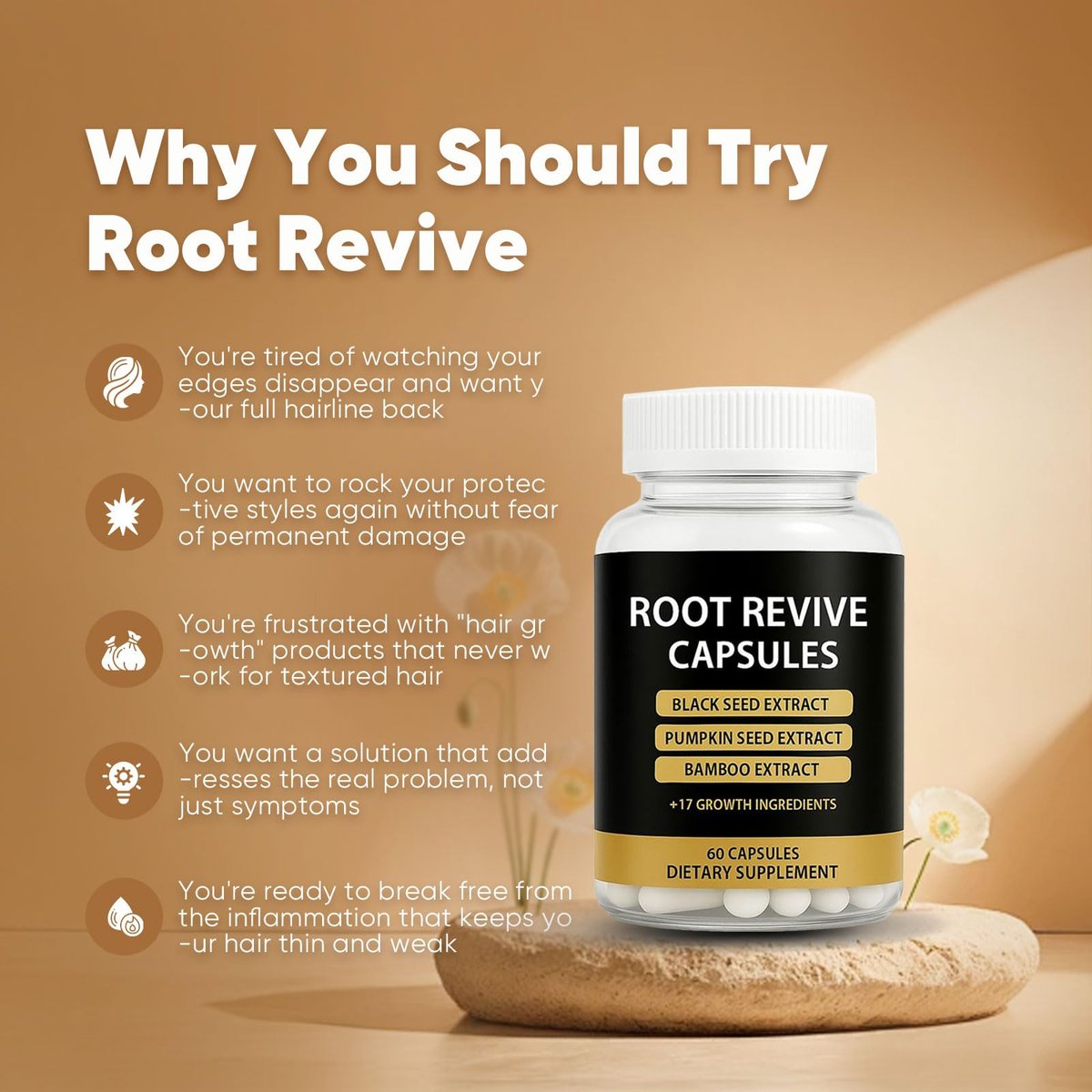 Root Revive Capsules – Hair Growth Supplement for Black Women with Biotin, Black Seed Extract, Bamboo & Saw Palmetto, 60 Count Avelisse