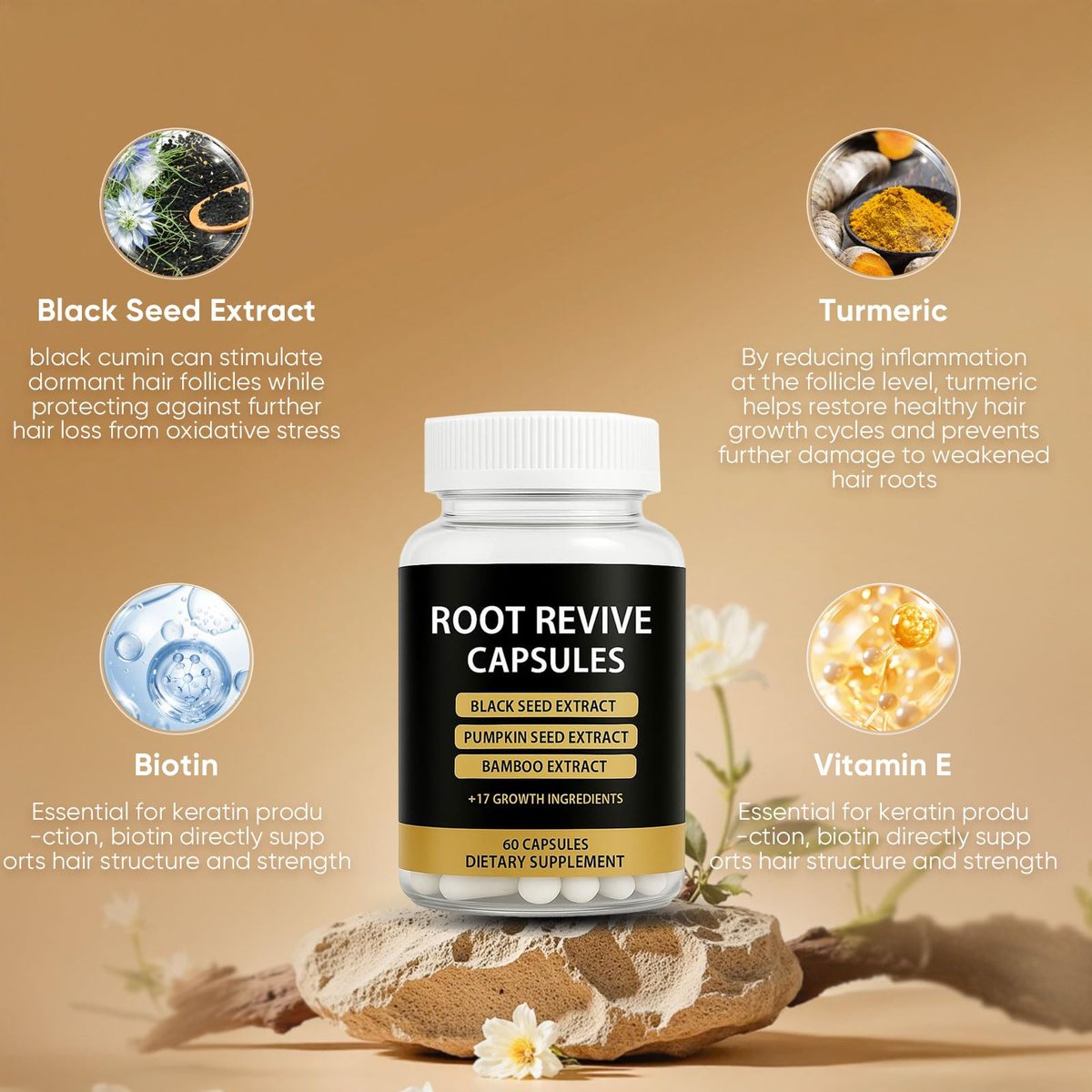 Root Revive Capsules – Hair Growth Supplement for Black Women with Biotin, Black Seed Extract, Bamboo & Saw Palmetto, 60 Count Avelisse