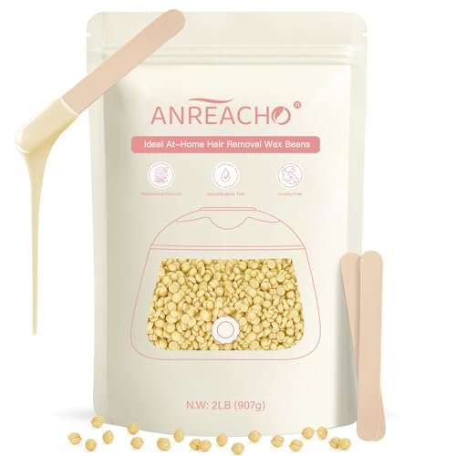 Anreacho Hard Wax Beads for Hair Removal – 2lb Waxing Beans for Coarse Hair, Home Wax Refill Bag with 10 Spatulas for Brazilian, Bikini, Face, Underarms Avelisse
