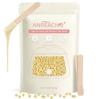 Anreacho Hard Wax Beads for Hair Removal – 2lb Waxing Beans for Coarse Hair, Home Wax Refill Bag with 10 Spatulas for Brazilian, Bikini, Face, Underarms Avelisse