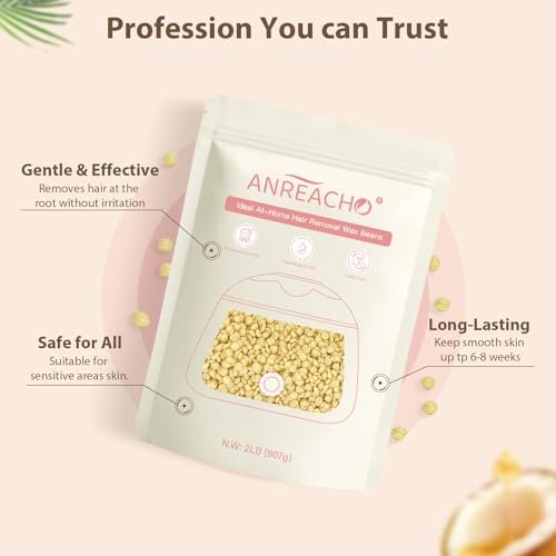 Anreacho Hard Wax Beads for Hair Removal – 2lb Waxing Beans for Coarse Hair, Home Wax Refill Bag with 10 Spatulas for Brazilian, Bikini, Face, Underarms Avelisse