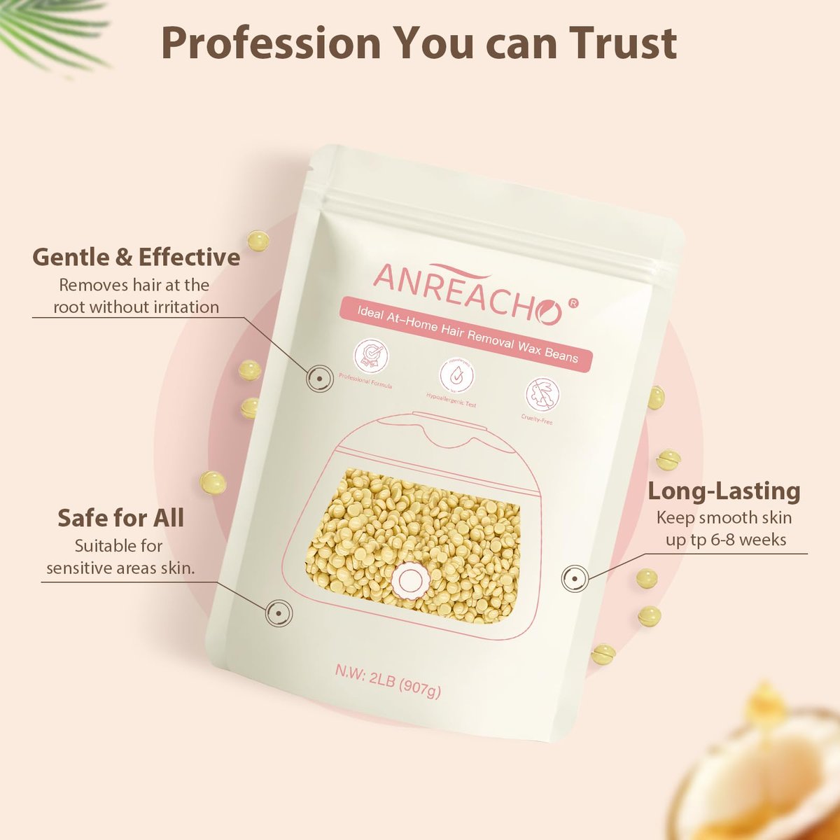 Anreacho Hard Wax Beads for Hair Removal – 2lb Waxing Beans for Coarse Hair, Home Wax Refill Bag with 10 Spatulas for Brazilian, Bikini, Face, Underarms Avelisse