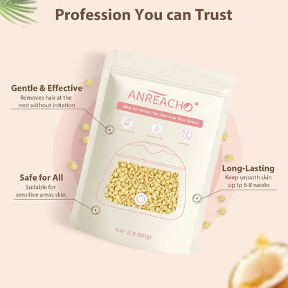 Anreacho Hard Wax Beads for Hair Removal – 2lb Waxing Beans for Coarse Hair, Home Wax Refill Bag with 10 Spatulas for Brazilian, Bikini, Face, Underarms Avelisse