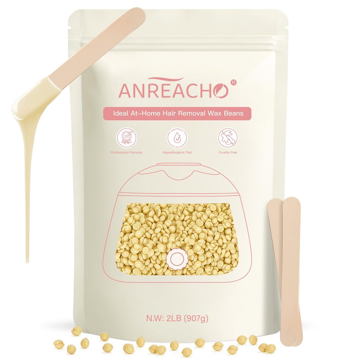 Anreacho Hard Wax Beads for Hair Removal – 2lb Waxing Beans for Coarse Hair, Home Wax Refill Bag with 10 Spatulas for Brazilian, Bikini, Face, Underarms Avelisse