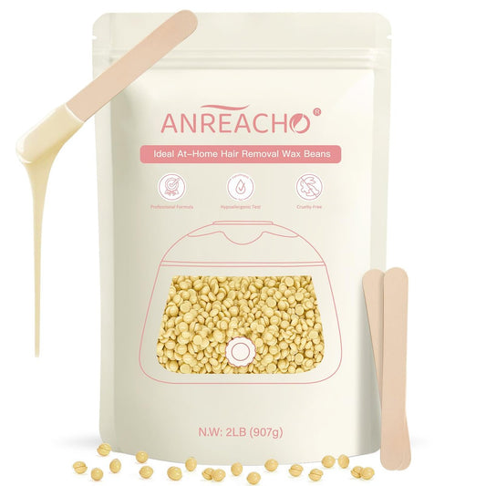 Anreacho Hard Wax Beads for Hair Removal – 2lb Waxing Beans for Coarse Hair, Home Wax Refill Bag with 10 Spatulas for Brazilian, Bikini, Face, Underarms Avelisse