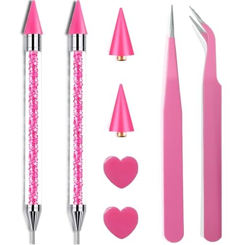 Pink Rhinestone Picker Tool Set - 2 Pack Dual-Head Wax Pens with Tips & Tweezers for Nail Art, Crystal and Gem Application - görsel 2