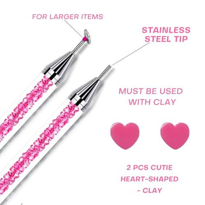 Pink Rhinestone Picker Tool Set - 2 Pack Dual-Head Wax Pens with Tips & Tweezers for Nail Art, Crystal and Gem Application