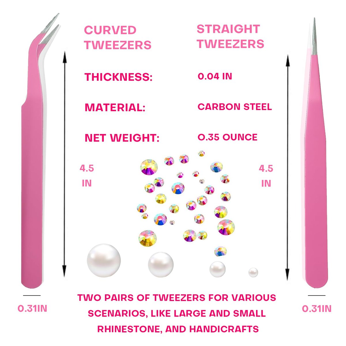 Pink Rhinestone Picker Tool Set - 2 Pack Dual-Head Wax Pens with Tips & Tweezers for Nail Art, Crystal and Gem Application - görsel 7