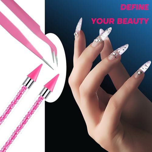 Pink Rhinestone Picker Tool Set - 2 Pack Dual-Head Wax Pens with Tips & Tweezers for Nail Art, Crystal and Gem Application - görsel 14