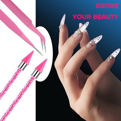 Pink Rhinestone Picker Tool Set - 2 Pack Dual-Head Wax Pens with Tips & Tweezers for Nail Art, Crystal and Gem Application