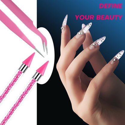 Pink Rhinestone Picker Tool Set - 2 Pack Dual-Head Wax Pens with Tips & Tweezers for Nail Art, Crystal and Gem Application