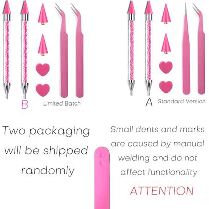 Pink Rhinestone Picker Tool Set - 2 Pack Dual-Head Wax Pens with Tips & Tweezers for Nail Art, Crystal and Gem Application