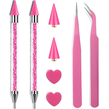Pink Rhinestone Picker Tool Set - 2 Pack Dual-Head Wax Pens with Tips & Tweezers for Nail Art, Crystal and Gem Application