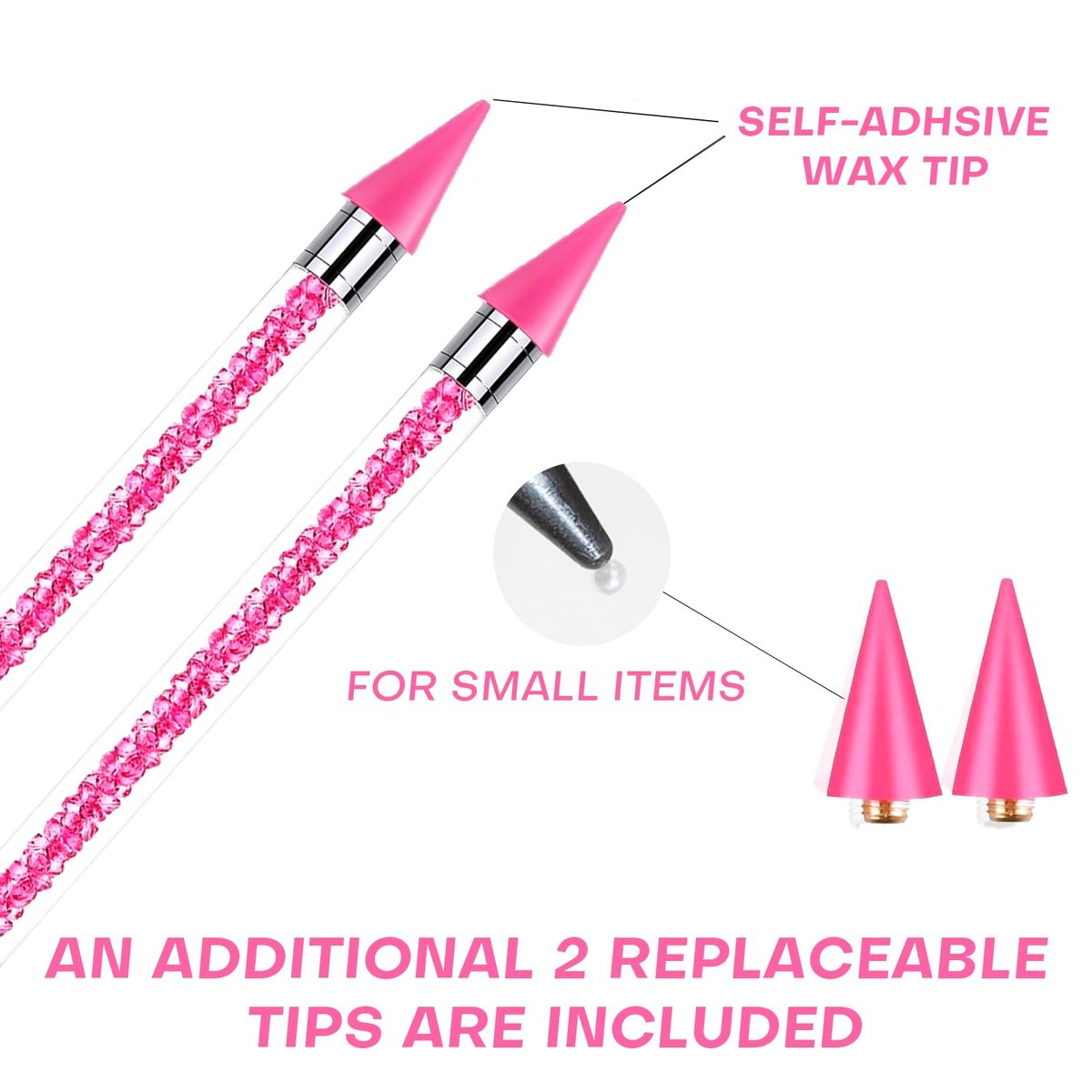 Pink Rhinestone Picker Tool Set - 2 Pack Dual-Head Wax Pens with Tips & Tweezers for Nail Art, Crystal and Gem Application - görsel 3