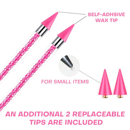 Pink Rhinestone Picker Tool Set - 2 Pack Dual-Head Wax Pens with Tips & Tweezers for Nail Art, Crystal and Gem Application