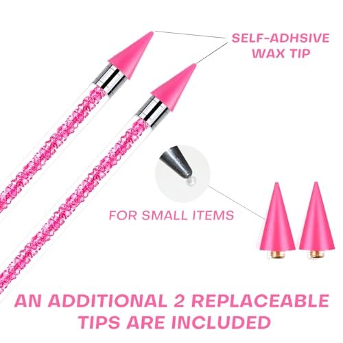 Pink Rhinestone Picker Tool Set - 2 Pack Dual-Head Wax Pens with Tips & Tweezers for Nail Art, Crystal and Gem Application - görsel 4