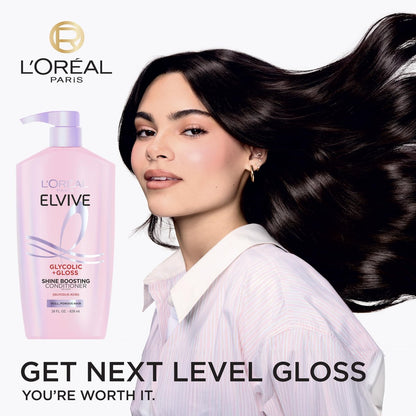 L'Oreal Paris Elvive Glycolic + Gloss Shine Boosting Conditioner, 28 Fl Oz - Cleanses and Smooths Dull, Porous Hair into High-Shine, Glossy Hair